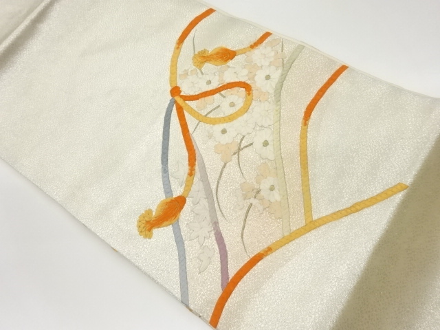 菊に組紐・紅葉模様刺繍名古屋帯